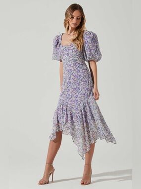 ASTR the Label Purple Floral Short Sleeve Asymmetrical Hem Midi Dress.